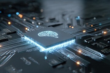 AI brain circuitry; glowing chip symbolizes artificial intelligence within a complex technological system