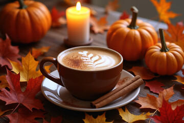 A warm coffee cup with latte art, cinnamon sticks on a saucer, surrounded by autumn leaves and pumpkins on a wooden table.