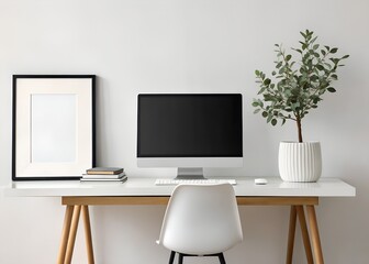 Fototapeta premium Minimalist White Home Office Workspace with Computer and Plant