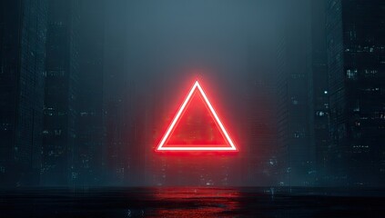 Glowing red neon triangle in a futuristic cityscape shrouded in fog