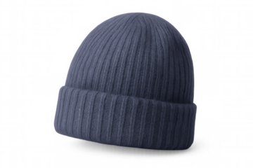 Stylish blue woolen beanie protecting against cold, resting on transparent backdrop, complementing winter fashion mockups