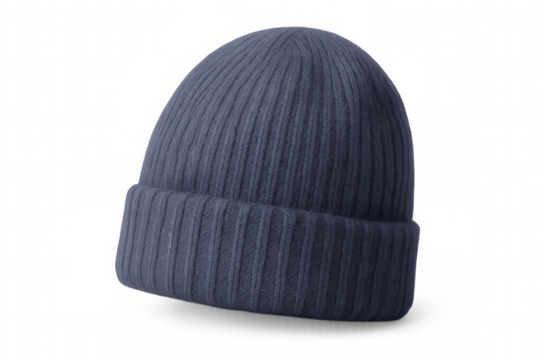 Stylish blue woolen beanie protecting against cold, resting on transparent backdrop, complementing winter fashion mockups