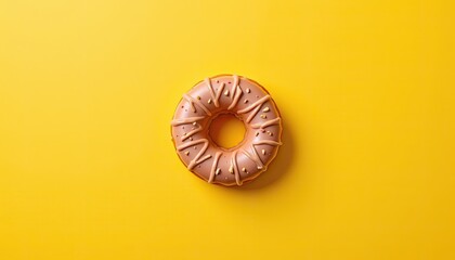 Delicious pink frosted donut with sprinkles on a vibrant yellow background