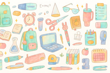 Seamless Whimsical Hand-Drawn Watercolor Doodle Illustration of School and Stationery Items with Pastel Colors on White Background