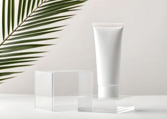 White Cosmetic Tube Mockup with Palm Leaf and Acrylic Cubes