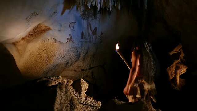 Caveman from the paleolithic era illuminating ancient cave paintings with a torch, revealing the profound origins of art and the essence of human expression in a dark cave
