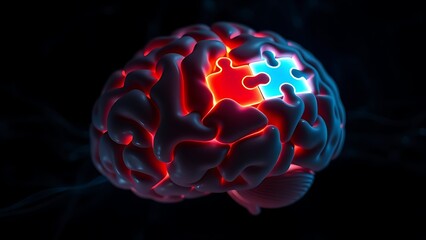 Brain-shaped puzzle with one glowing piece, revealing hidden connections.