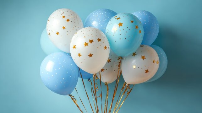 Light-blue and white balloons with gold stars