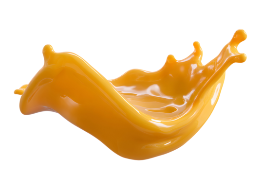 An elegant, abstract splash of orange liquid in a smooth, flowing wave. Isolated on a grey background, it's a dynamic element for modern designs.