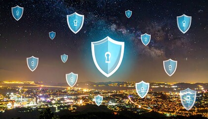 Digital Identity Protection Concept: Glowing Shields over Night Cityscape