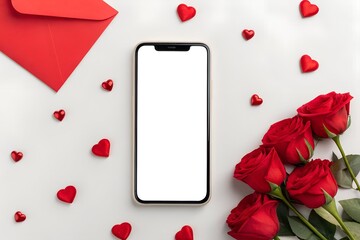 Red Roses Smartphone Mockup with Blank Screen and Red Envelope on White Background