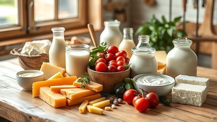 Fresh dairy products displayed on a rustic wooden table with natural lighting.