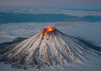 Majestic volcanic eruption illuminates the frozen landscape, with fiery lava flowing down the snow-covered slopes under a dramatic twilight sky, showcasing Earth's raw power and beauty