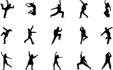 Silhouettes of Ballet Dancers in Motion, Elegant Dance Poses Vector, Performing Arts Illustration, Graceful Jumping and Spinning Dancer Set