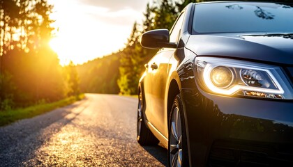 Dark car on a sunny road