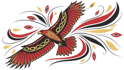 Stylized eagle in flight with decorative elements in red black and gold design illustration art