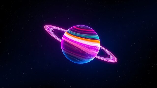A colorful planet with glowing rings floating in deep space, evoking cosmic wonder and mystery.