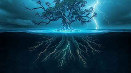 Ancient tree roots glowing beneath a cracked island surface, resembling buried lightning.