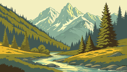 Illustration of a mountain landscape with a river flowing through trees and snow capped peaks in the distance