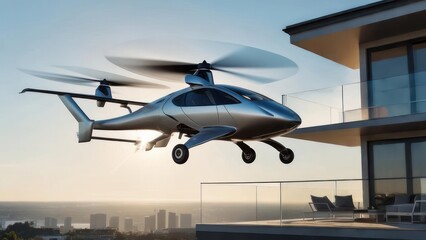 Futuristic air vehicle above modern cityscape