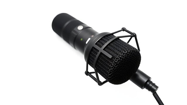 Professional dynamic microphone isolated on white background with a close-up view of XLR connector.