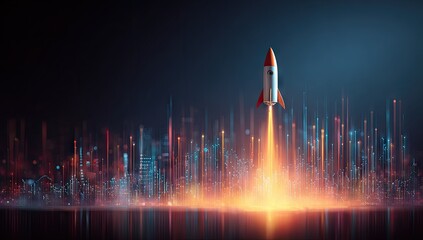 Rocket launching from futuristic city skyline