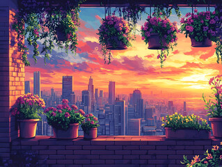 Colorful Sunset View of Urban Skyline from Rooftop Garden with Hanging and Potted Flowers