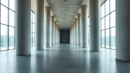 Vast architectural space with smooth concrete columns and diffused natural light, symmetrical and minimalist.