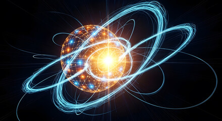 Abstract glowing atomic structure with orbiting light trails