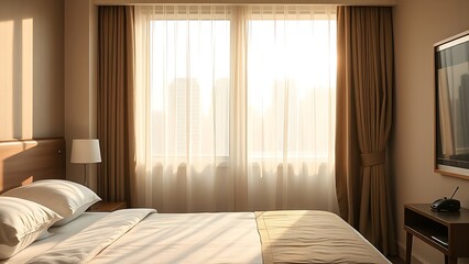 Hotel bedroom with neatly made bed and sunlight filtering through sheer curtains.