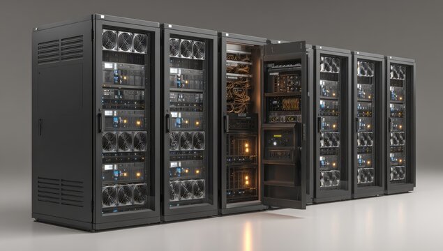 A row of sleek black server racks, one open to reveal internal components, illuminated with warm lighting - Powered by Adobe