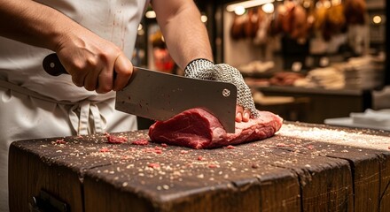 A butcher wearing a chainmail safety glove cuts a fresh piece of red meat with a cleaver on a wooden block.