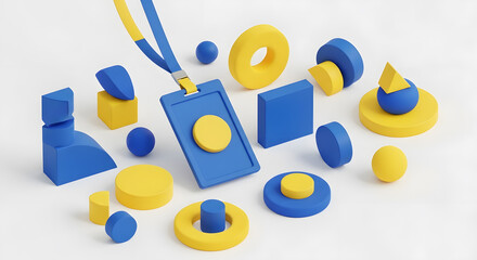 Collection of geometric shapes and a lanyard badge on a white background