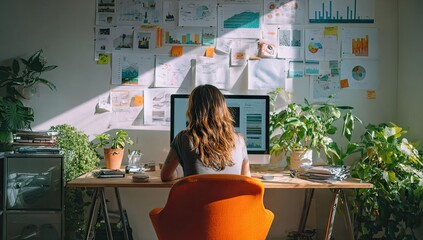 Woman works at home office desk, surrounded by plants and data visualizations on wall