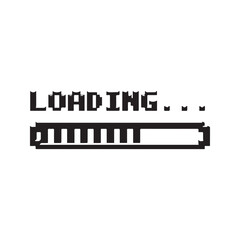 Retro pixel art loading bar and text. Vintage 8-bit video game screen interface, computer progress indicator vector illustration.
