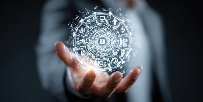 A person holds a glowing orb displaying interconnected digital icons, symbolizing global network and digital transformation
