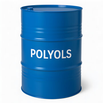 Blue barrel with polyols label isolated on white background
