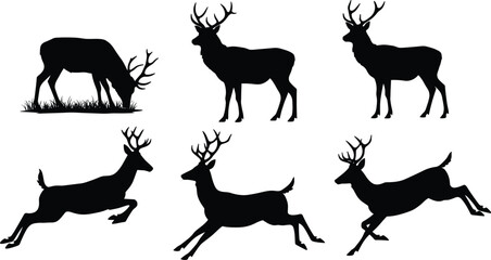 Deer silhouettes, antlered wildlife, grazing and leaping poses, animal motion, forest vector set, nature illustration, dynamic behavior, black graphic