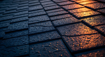 Wet Roof Shingles Reflecting Golden Hour Light Keywords: roof, shingles, wet, water, droplets