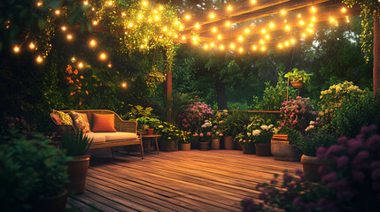 Fototapeta premium Outdoor Garden Patio with String Lights and Cozy Seating in Evening Setting