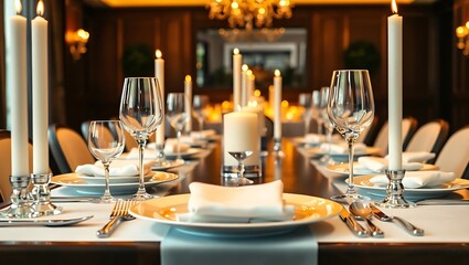 Restaurant table setting prepared for dinner with glasses plates cutlery and napkins arranged for dining or celebration