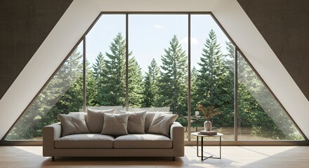 Fototapeta premium Modern living room interior, triangular window, forest view, beige couch, minimalist decor