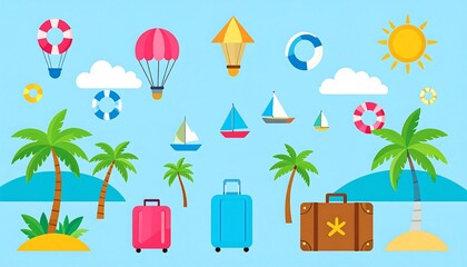 Fototapeta premium Cartoon travel icons on blue background