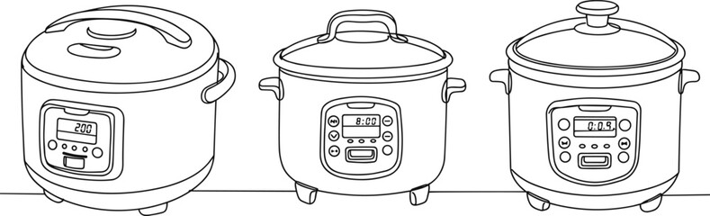 Electric pressure cooker silhouettes, multi-cooker vector set, digital kitchen appliances, smart cooking icons, black cookware, food prep illustration