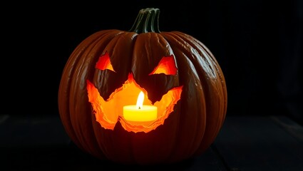 Glowing jack o lantern pumpkins with lit candles for Halloween night celebration