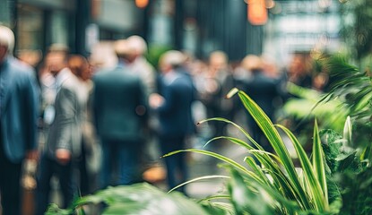Blurred image of a networking event in an urban setting, with lush greenery in the foreground