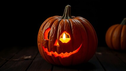 Glowing jack o lantern pumpkins with lit candles for Halloween night celebration