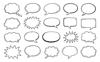 Hand Drawn Speech Bubbles and Thought Balloons for Design Projects and Communication Concepts with Various Shapes and Styles