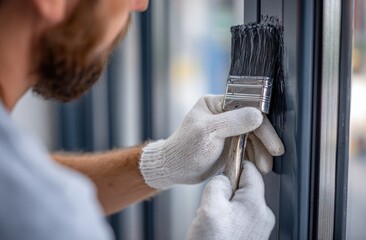 Fototapeta premium Close-up of a person carefully painting a window frame with a brush, wearing gloves