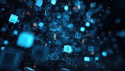 Glowing blue cubes float in a dark, digital space